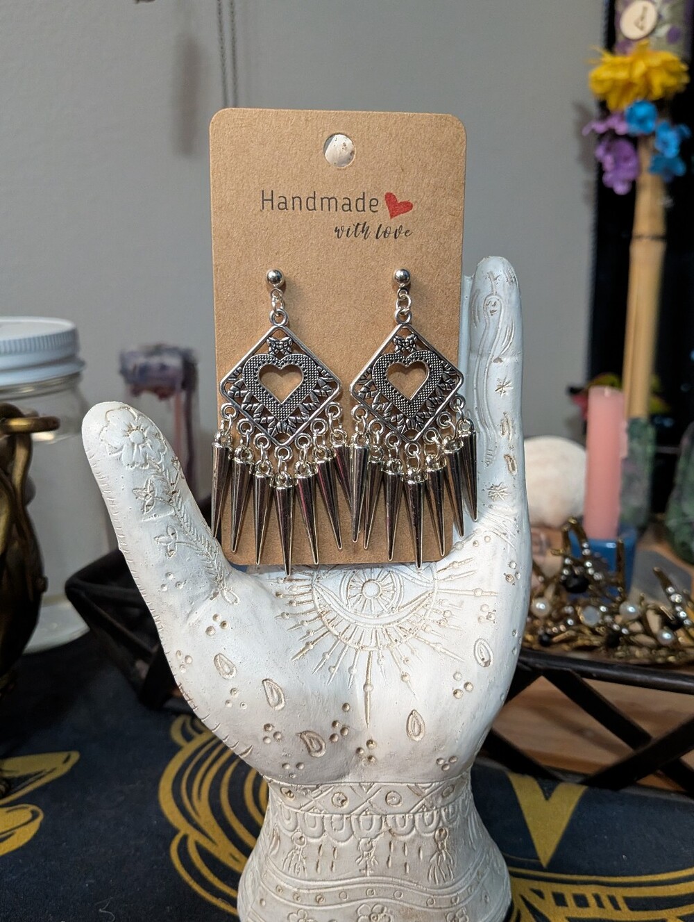 Handmade Silver Heart With Spikes Hypoallergenic Chandelier Earrings